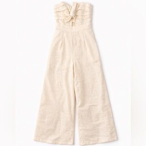ASTR The Label Cream Linen Strapless Jumpsuit Wide Leg Bow Detail